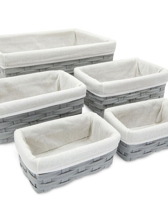 Other - Wicker Nesting Baskets with Cloth Lining - 5-Pack Gray Rectangular Set - Stackab